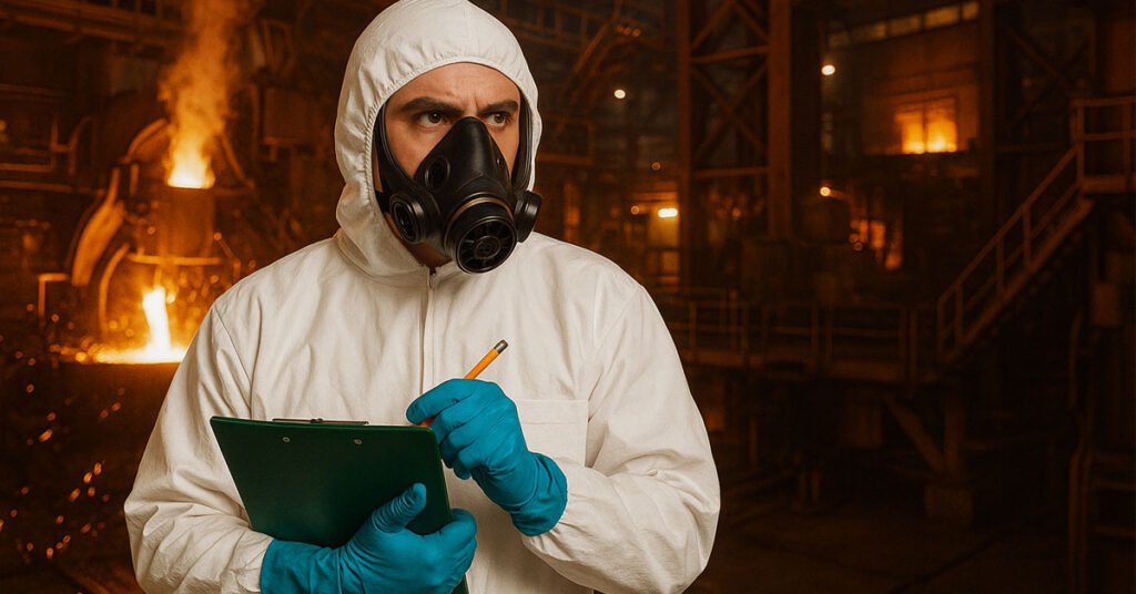 Trabajador con equipo de protección tomando mediciones de valores límite ambientales VLA - TLV en una fundición.