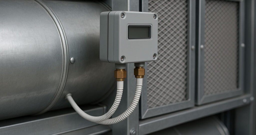 Sensor de presión diferencial instalado en sistema de ventilación industrial con filtros metálicos