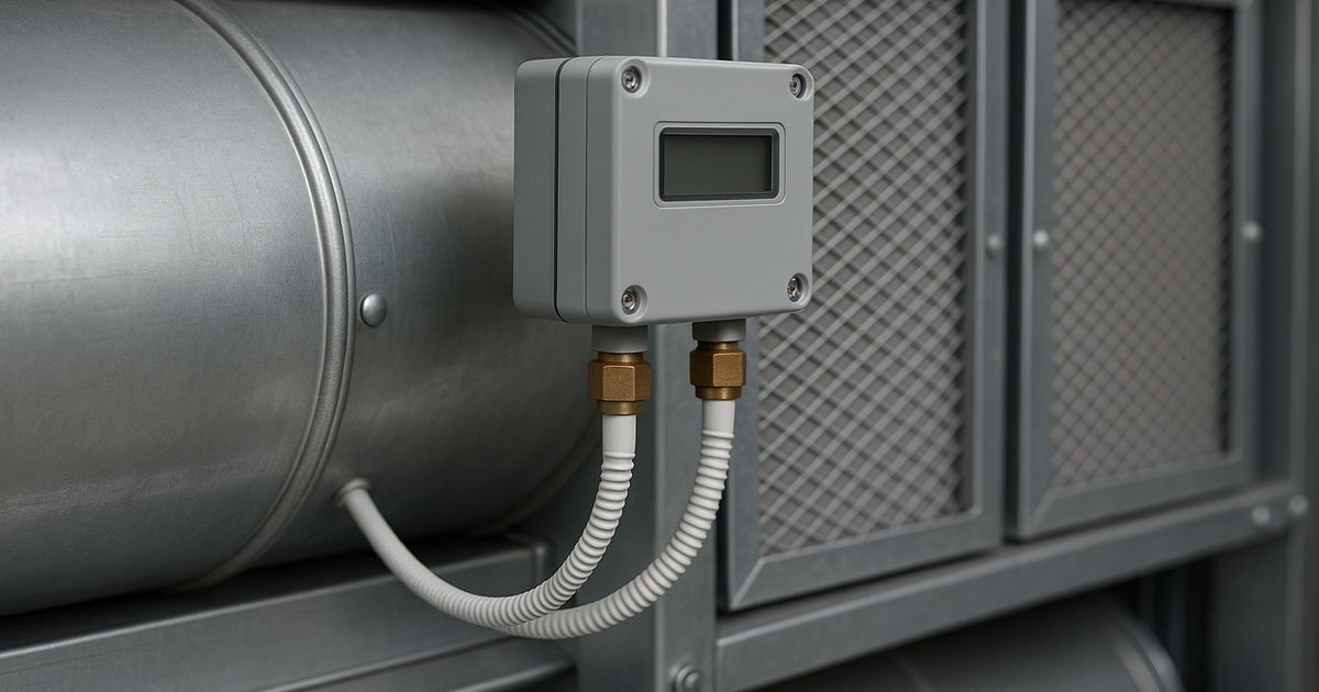 Sensor de presión diferencial instalado en sistema de ventilación industrial con filtros metálicos